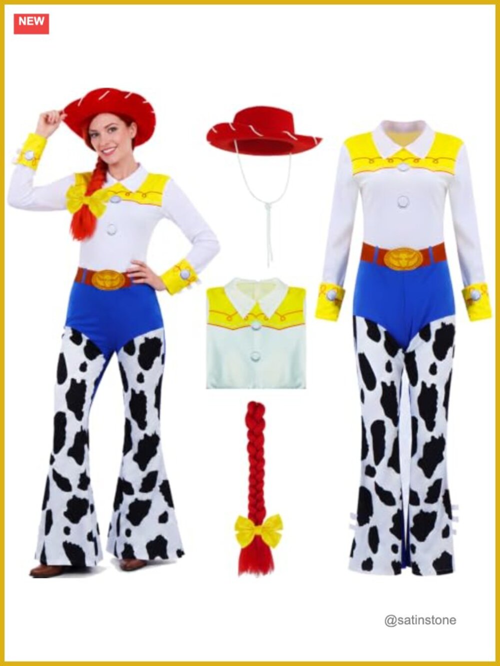 PAINEOMN Women's Jessie Cowgirl Jumpsuit Costume Set with Hat, Wig, Braid &